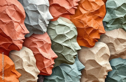 Cluster of profile faces made from crumpled colored paper arranged closely, evoking themes of diversity and interconnectedness