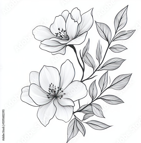 Detailed black and white line drawing of two delicate flowers with multiple petals alongside slender, elongated leaves creating an elegant and serene floral composition