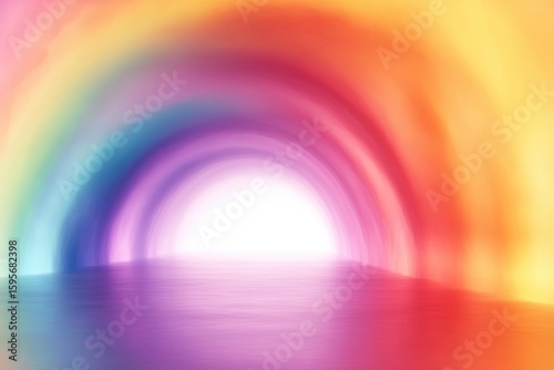 Vibrant glowing tunnel with smooth floor and rainbow gradient lighting creating a surreal and calming atmosphere