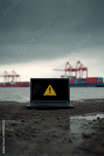 Laptop showing alert of shipping regulation change, global trade disruption
