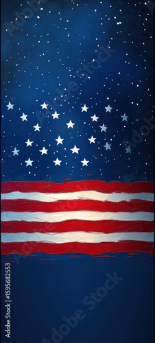 Abstract depiction of a starry night sky with white and light blue stars above irregular red and white horizontal stripes on a dark blue background, evoking a painted textured effect