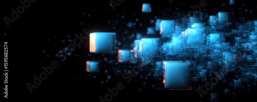 Glowing blue and orange illuminated cubes floating and dispersing in a dark space creating a futuristic digital effect