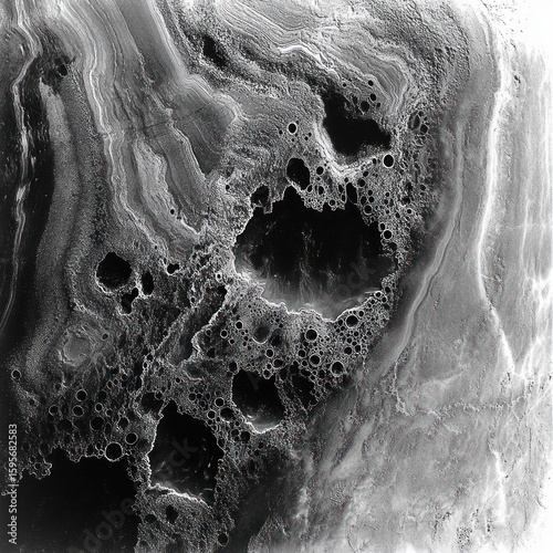 Close-up of a textured surface with intricate patterns of circular holes and layered striations in monochrome tones resembling a mineral or fossil cross-section
