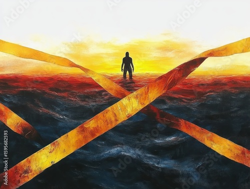 Silhouette of a person standing in dark turbulent water with large glowing orange ribbons crossing in the foreground under a glowing yellow sky at sunset
