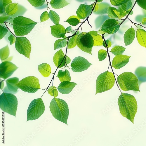 Bright green leaves on thin dark branches with soft light shining through creating a fresh and peaceful atmosphere