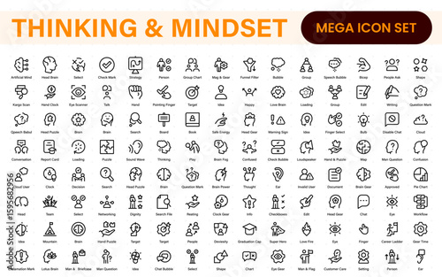 Thinking and Mindset Line Icons. Strategy, analysis, innovation, problem‑solving, rational ideas, Logic, reasoning, solutions, planning, Evaluate, solve, reason, plan with modern line‑style icons.