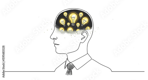 One line drawing of a businessman’s head with bright, scattered light bulbs inside against a dark empty space — symbolizing availability heuristic — watercolor fill, minimalistic, on white background