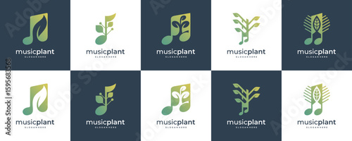 Set Collections of Music Note Symbol with Leaves Plant, Logo Design Inspirations. Unique Vector of Combined Natural and Harmony.