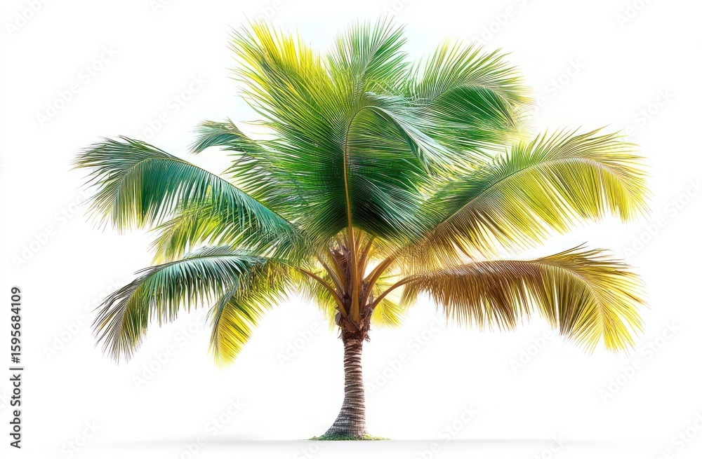 Fototapeta premium Single tropical palm tree with lush green and yellow fronds standing isolated on a white background