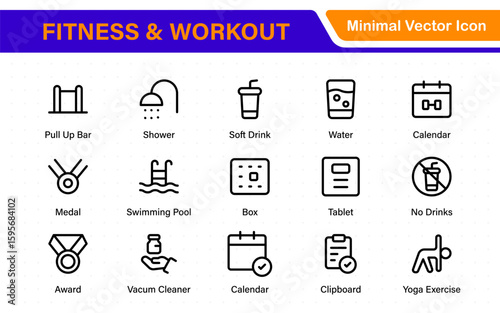 Fitness and Workout Line Icons. Running, weightlifting, diet plan, sports equipment, wellness, and activity signs.
