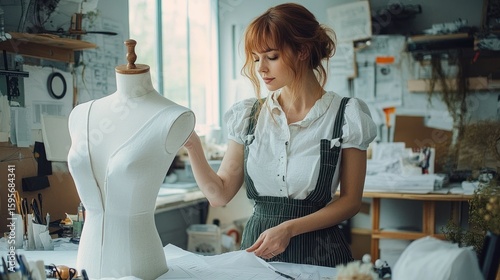 Young woman fashion designer working with a dress form in a bright studio surrounded by sewing tools and sketches