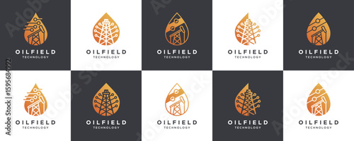 Set Collections of Oil Field Technology, Logo Design Ideas. Unique Combine Technology and Petroleum Industry based Icons Template.