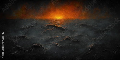 dark turbulent ocean waves under a fiery orange sunset sky creating a dramatic and intense atmosphere