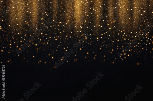 Golden glitter particles cascading softly from the top against a dark background creating a festive and magical atmosphere