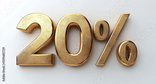 shiny textured golden numbers and percentage symbol against white background representing twenty percent