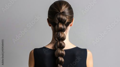Sleek and stylish bubble ponytail hairstyle showcases even hair ties, creating modern and elegant look. smooth texture and shine of hair enhance overall aesthetic appeal