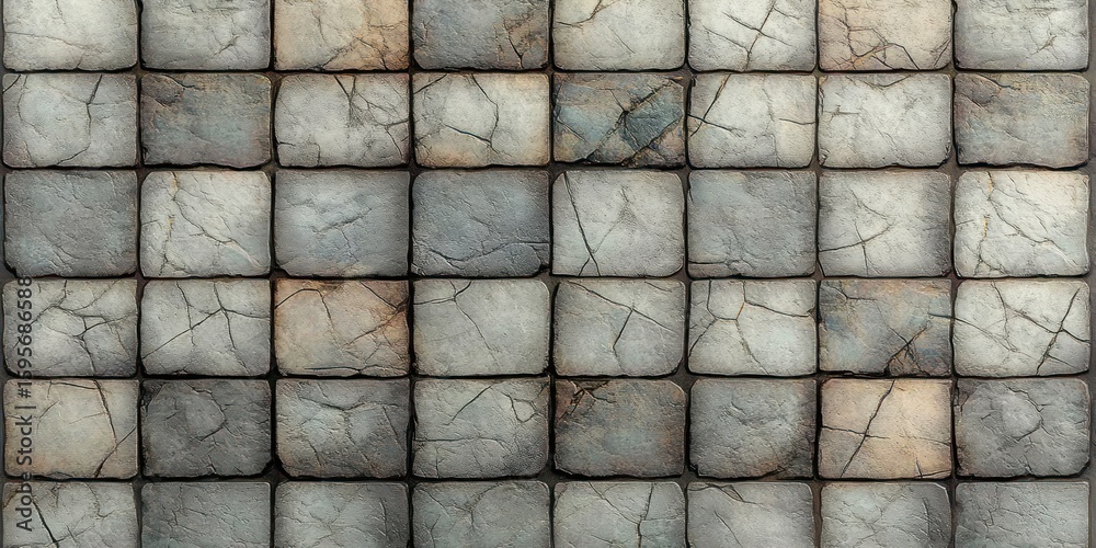 Fototapeta premium Close-up view of a tiled stone pavement composed of worn square stones with natural cracks and varied gray, beige, and brown tones