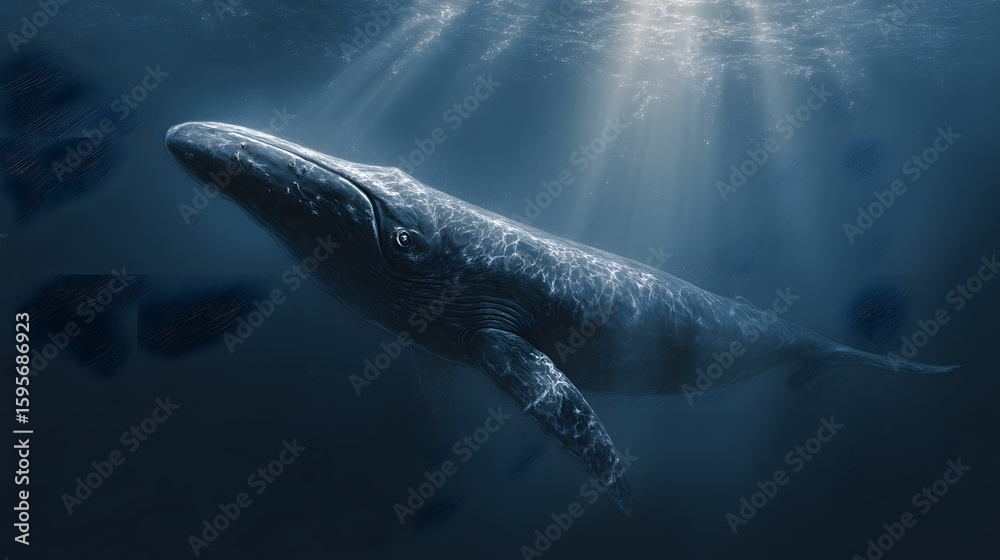 Fototapeta premium blue whale swims alone in the deep ocean