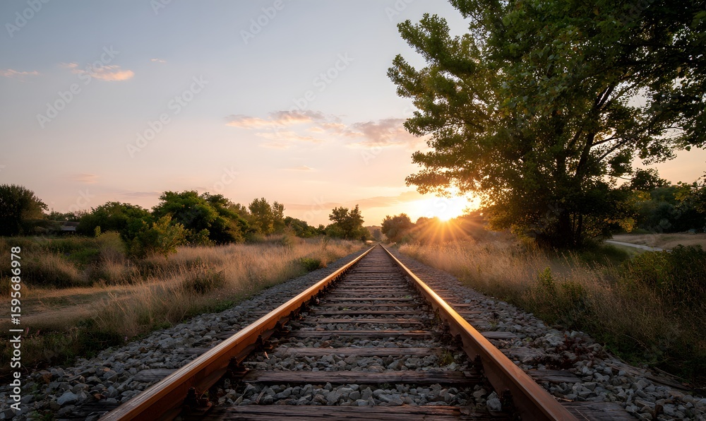 Fototapeta premium Rustic railway tracks stretching into the distance, surrounded by wild grass and trees under a golden sunset sky.