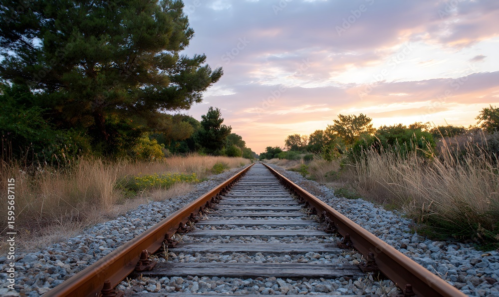 Fototapeta premium Rustic railway tracks stretching into the distance, surrounded by wild grass and trees under a golden sunset sky.