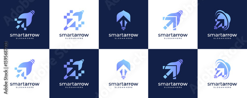 Set Collections of Light Bulb with Pixel Arrow, Logo Design Ideas. Unique Vector of Growth Business and Technology Innovations.