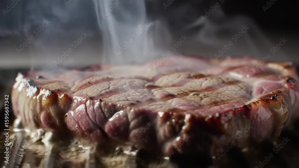 A closeup showcases a steaming steak searing on a ribbed grill Fat glistens adding depth to the flavorful scene