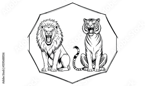 Minimal Black Line Drawing of Roaring Lion and Tiger Sitting Inside Octagonal Frame