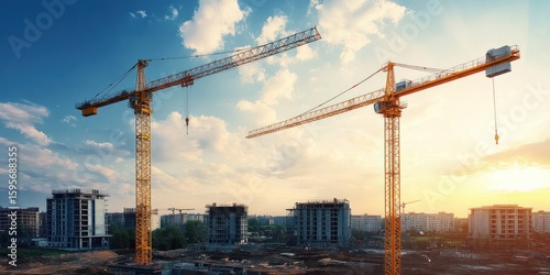 Two large construction cranes towering over a partially built urban site with multiple mid-rise buildings under construction during a vibrant sunset with dramatic clouds