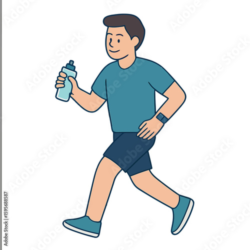 A happy man jogging outdoors, holding a water bottle, wearing athletic attire.