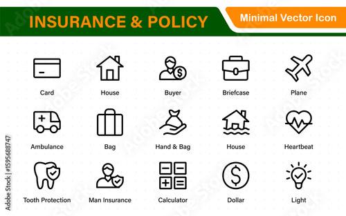 Insurance and Policy stroke icon collection. refined minimal graphic pack. Underwriting, Assurance, Safety, Shield, Life, Car, House, Care, Money Insurance.