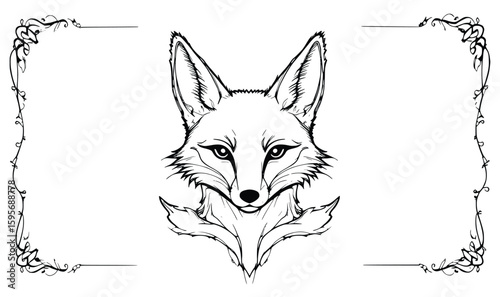 Fox Line Art with Vintage Frame – Elegant Monochrome Animal Illustration