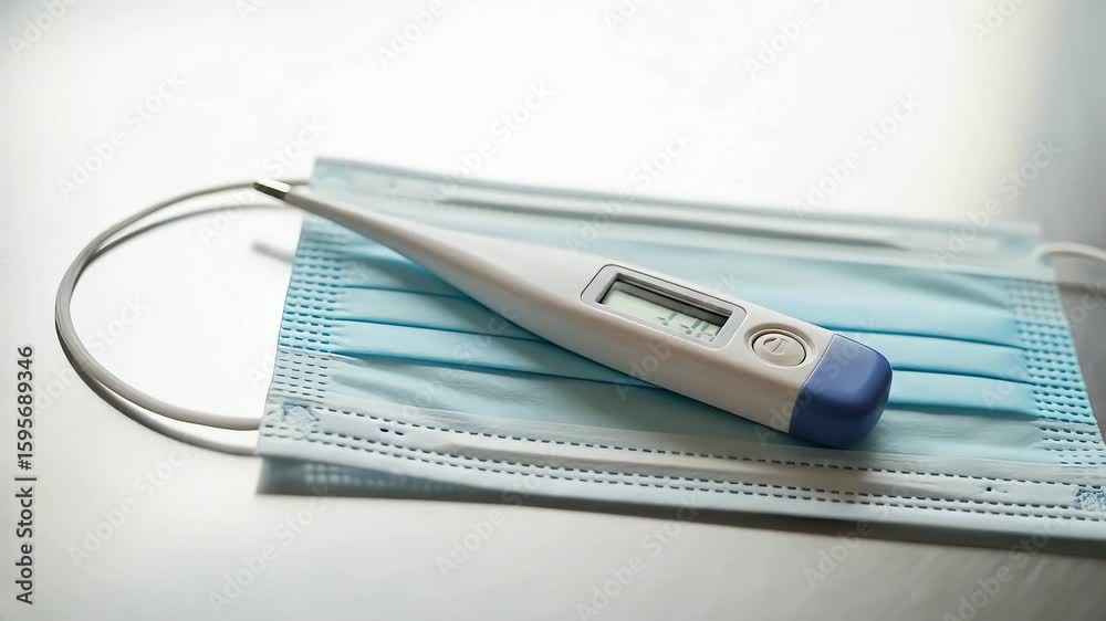 Digital thermometer rests on a disposable face mask, suggesting health monitoring and pandemic preparedness. Digital thermometer rests on a disposable face mask, suggesting health monitoring and pandemic preparedness.