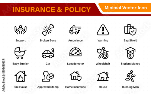 Insurance and Policy stroke icon collection. refined minimal graphic pack. Underwriting, Assurance, Safety, Shield, Life, Car, House, Care, Money Insurance.