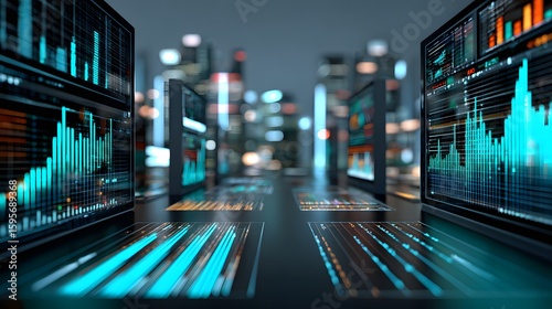 Futuristic Digital Data Analytics Displaying Financial Trends and Insights in Urban Environment