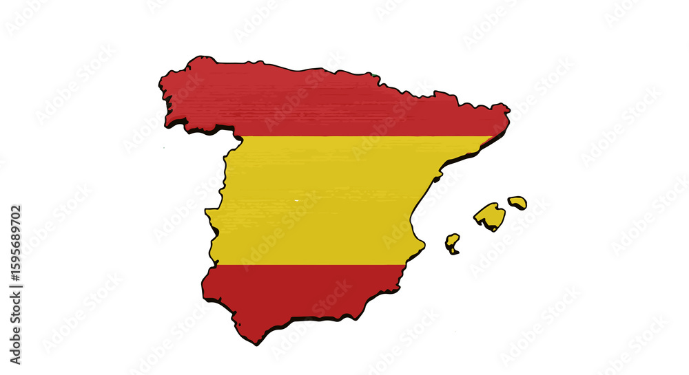 Fototapeta premium Stylized Map of Spain with National Flag. Spanish Flag on a Textured Map Outline of Spain. 3D Style Map of Spain with Flag Colors. Vintage Illustration of the Spanish Map and Flag