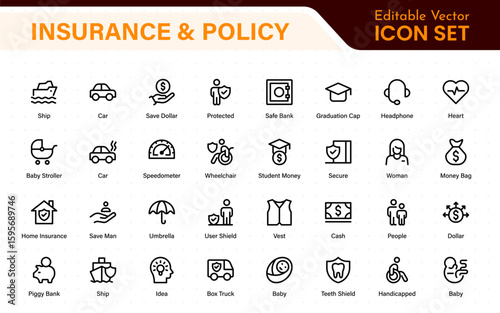 Insurance and Policy stroke icon collection. refined minimal graphic pack. Underwriting, Assurance, Safety, Shield, Life, Car, House, Care, Money Insurance.