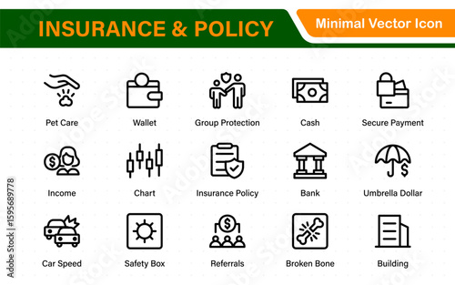Insurance and Policy stroke icon collection. refined minimal graphic pack. Underwriting, Assurance, Safety, Shield, Life, Car, House, Care, Money Insurance.
