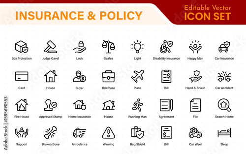 Insurance and Policy stroke icon collection. refined minimal graphic pack. Underwriting, Assurance, Safety, Shield, Life, Car, House, Care, Money Insurance.