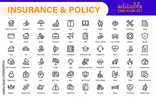 Insurance and Policy stroke icon collection. refined minimal graphic pack. Underwriting, Assurance, Safety, Shield, Life, Car, House, Care, Money Insurance.