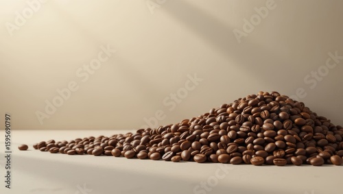 Pile of Freshly Roasted Coffee Beans Gathered on a Simple Light Background