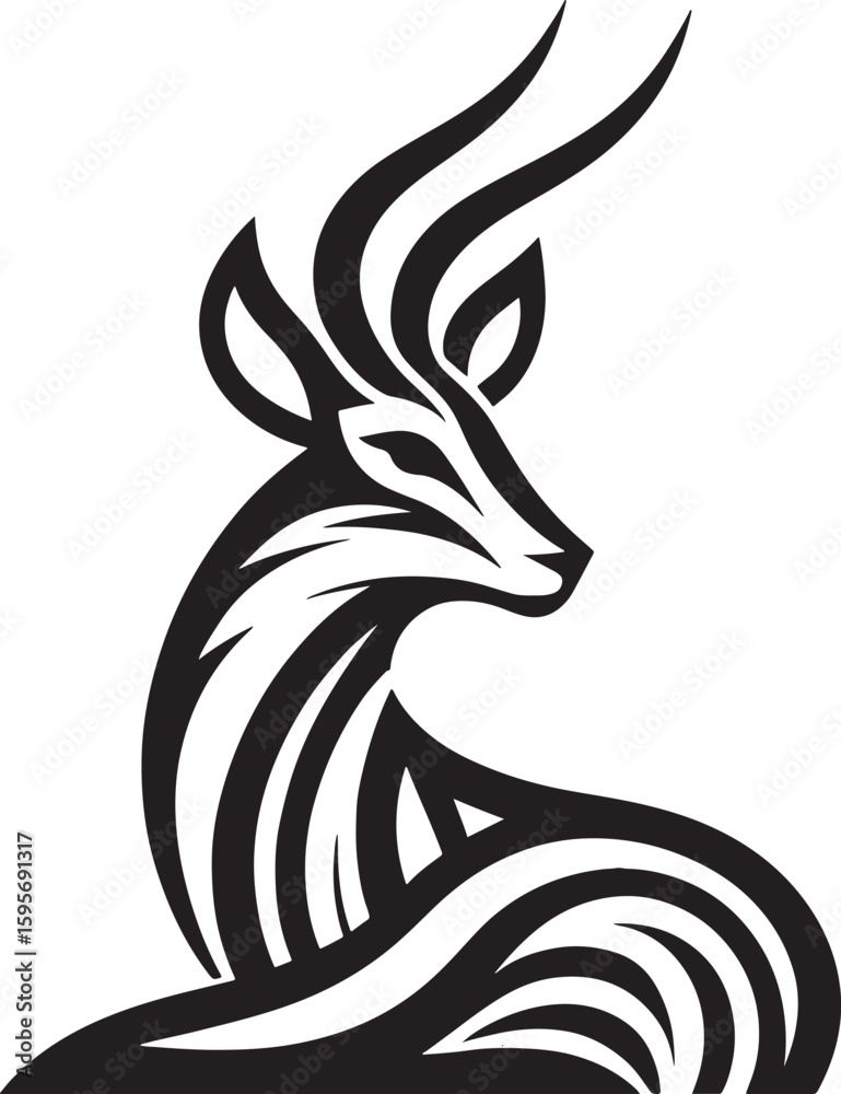 Fototapeta premium Black and white illustration of a gazelle, stylized as a tattoo.