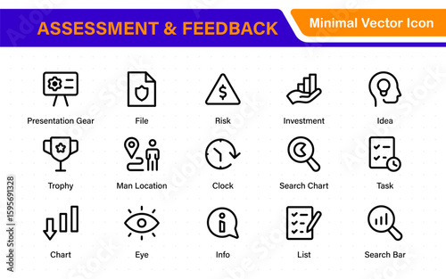 Assessment and Feedback icon pack. Includes rating stars, surveys, feedback forms, and assessment tools.