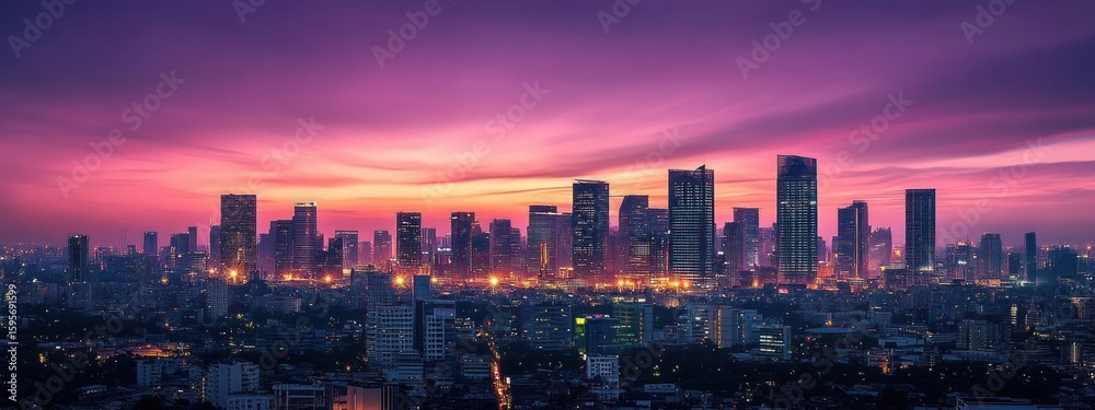 Fototapeta premium Vibrant city skyline at dusk with illuminated skyscrapers under a dramatic purple and pink sunset sky