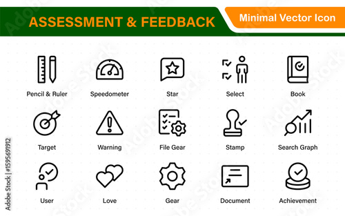 Assessment and Feedback icon pack. Includes rating stars, surveys, feedback forms, and assessment tools.