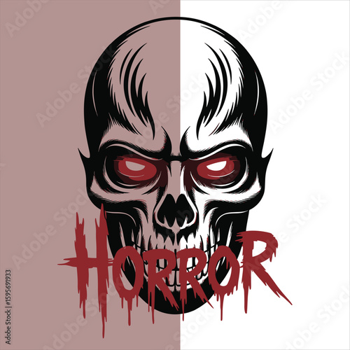 Stylized skull with glowing red eyes and the word horror in blood red