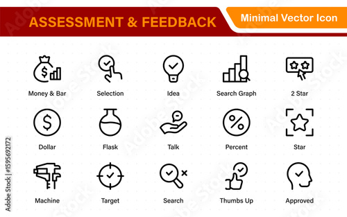 Assessment and Feedback icon pack. Includes rating stars, surveys, feedback forms, and assessment tools.