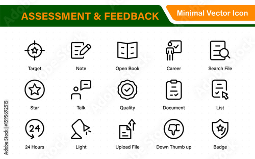 Assessment and Feedback icon pack. Includes rating stars, surveys, feedback forms, and assessment tools.