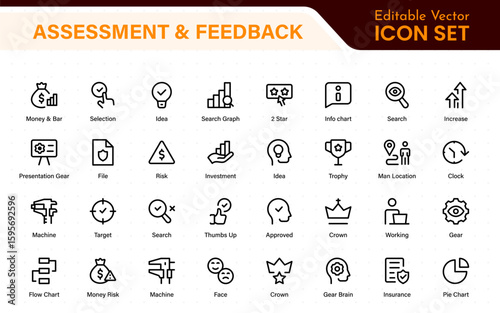 Assessment and Feedback icon pack. Includes rating stars, surveys, feedback forms, and assessment tools.