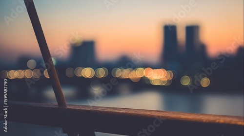 Blurred city lights glow at dusk with a wooden railing in the foreground