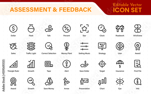 Assessment and Feedback icon pack. Includes rating stars, surveys, feedback forms, and assessment tools.